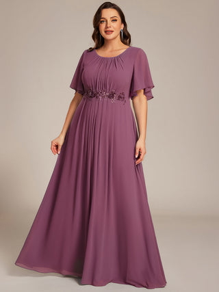 Short Sleeves Pleated Applique A-Line Floor-Length Formal Evening Dress (New SKU EE02968)
