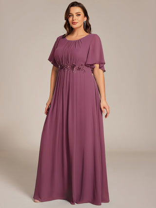 Short Sleeves Pleated Applique A-Line Floor-Length Formal Evening Dress (New SKU EE02968)