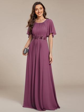 Short Sleeves Pleated Applique A-Line Floor-Length Formal Evening Dress (New SKU EE02968)