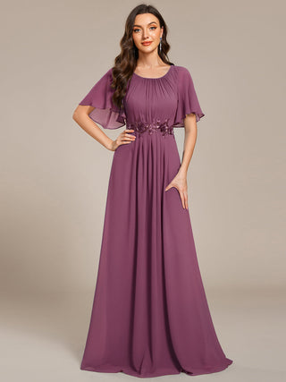 Short Sleeves Pleated Applique A-Line Floor-Length Formal Evening Dress (New SKU EE02968)