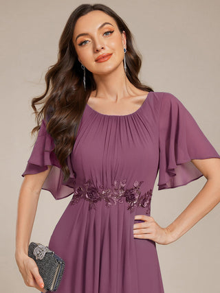 Short Sleeves Pleated Applique A-Line Floor-Length Formal Evening Dress (New SKU EE02968)