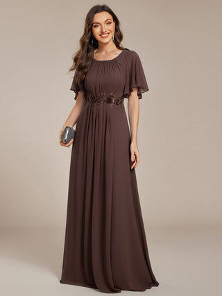 Short Sleeves Pleated Applique A-Line Floor-Length Formal Evening Dress (New SKU EE02968)