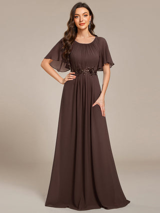 Short Sleeves Pleated Applique A-Line Floor-Length Formal Evening Dress (New SKU EE02968)
