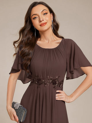 Short Sleeves Pleated Applique A-Line Floor-Length Formal Evening Dress (New SKU EE02968)