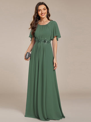 Short Sleeves Pleated Applique A-Line Floor-Length Formal Evening Dress (New SKU EE02968)