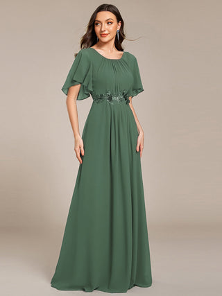 Short Sleeves Pleated Applique A-Line Floor-Length Formal Evening Dress (New SKU EE02968)