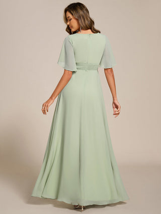 Short Sleeves Pleated Applique A-Line Floor-Length Formal Evening Dress (New SKU EE02968)