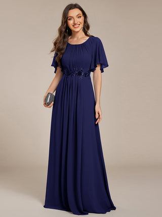 Short Sleeves Pleated Applique A-Line Floor-Length Formal Evening Dress (New SKU EE02968)
