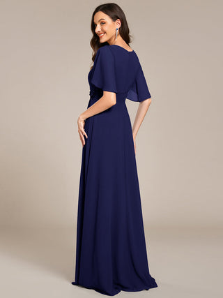 Short Sleeves Pleated Applique A-Line Floor-Length Formal Evening Dress (New SKU EE02968)
