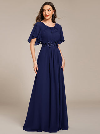 Short Sleeves Pleated Applique A-Line Floor-Length Formal Evening Dress (New SKU EE02968)