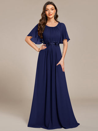 Short Sleeves Pleated Applique A-Line Floor-Length Formal Evening Dress (New SKU EE02968)