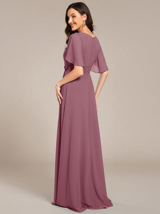 Short Sleeves Pleated Applique A-Line Floor-Length Formal Evening Dress (New SKU EE02968)