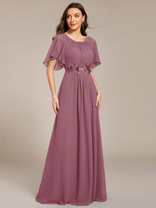 Short Sleeves Pleated Applique A-Line Floor-Length Formal Evening Dress (New SKU EE02968)
