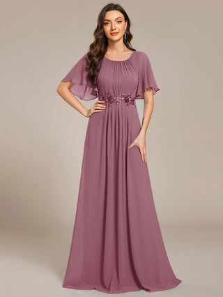 Short Sleeves Pleated Applique A-Line Floor-Length Formal Evening Dress (New SKU EE02968)