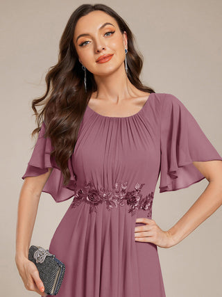 Short Sleeves Pleated Applique A-Line Floor-Length Formal Evening Dress (New SKU EE02968)