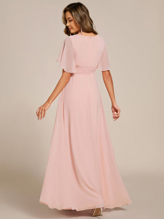 Short Sleeves Pleated Applique A-Line Floor-Length Formal Evening Dress (New SKU EE02968)