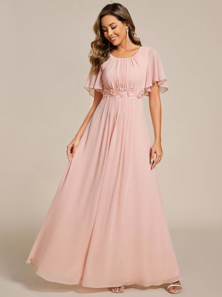 Short Sleeves Pleated Applique A-Line Floor-Length Formal Evening Dress (New SKU EE02968)