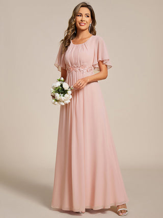 Short Sleeves Pleated Applique A-Line Floor-Length Formal Evening Dress (New SKU EE02968)