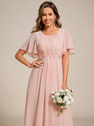 Short Sleeves Pleated Applique A-Line Floor-Length Formal Evening Dress (New SKU EE02968)