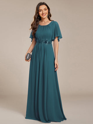 Short Sleeves Pleated Applique A-Line Floor-Length Formal Evening Dress (New SKU EE02968)