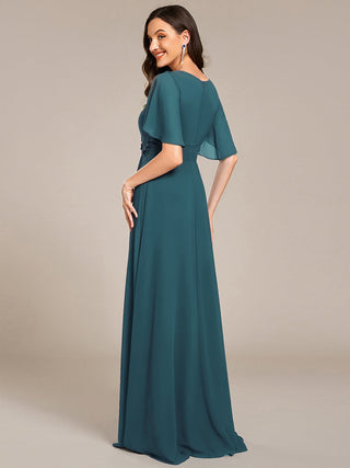 Short Sleeves Pleated Applique A-Line Floor-Length Formal Evening Dress (New SKU EE02968)