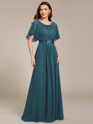 Short Sleeves Pleated Applique A-Line Floor-Length Formal Evening Dress (New SKU EE02968)
