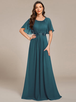 Short Sleeves Pleated Applique A-Line Floor-Length Formal Evening Dress (New SKU EE02968)