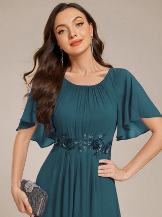 Short Sleeves Pleated Applique A-Line Floor-Length Formal Evening Dress (New SKU EE02968)