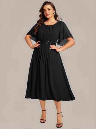 Commercial Short Sleeve Ruffle A-Line Midi Dress with Floral Appliques Evening Dresses