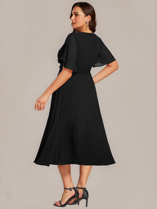 Plus Size Short Sleeve Ruffle A-Line Midi Dress with Floral Appliques Evening Dresses