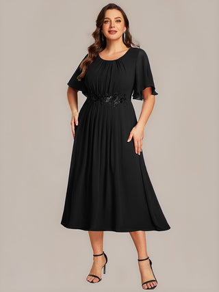 Plus Size Short Sleeve Ruffle A-Line Midi Dress with Floral Appliques Evening Dresses