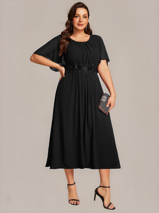 Commercial Short Sleeve Ruffle A-Line Midi Dress with Floral Appliques Evening Dresses