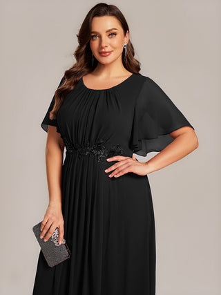 Plus Size Short Sleeve Ruffle A-Line Midi Dress with Floral Appliques Evening Dresses