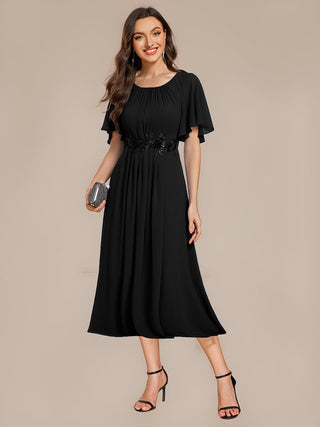 Commercial Short Sleeve Ruffle A-Line Midi Dress with Floral Appliques Evening Dresses