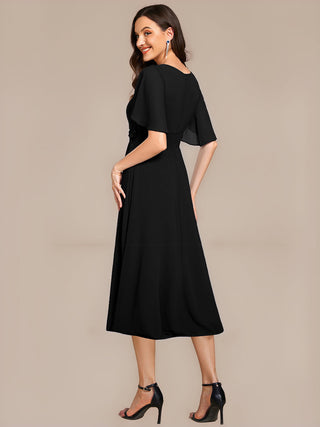 Commercial Short Sleeve Ruffle A-Line Midi Dress with Floral Appliques Evening Dresses
