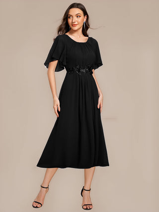 Commercial Short Sleeve Ruffle A-Line Midi Dress with Floral Appliques Evening Dresses