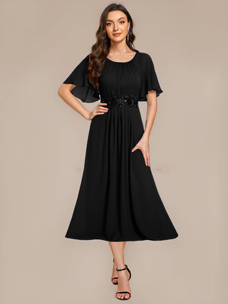 Commercial Short Sleeve Ruffle A-Line Midi Dress with Floral Appliques Evening Dresses