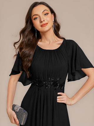 Commercial Short Sleeve Ruffle A-Line Midi Dress with Floral Appliques Evening Dresses