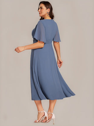 Plus Size Short Sleeve Ruffle A-Line Midi Dress with Floral Appliques Evening Dresses