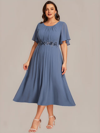 Plus Size Short Sleeve Ruffle A-Line Midi Dress with Floral Appliques Evening Dresses