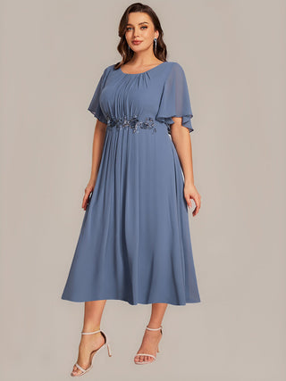 Commercial Short Sleeve Ruffle A-Line Midi Dress with Floral Appliques Evening Dresses