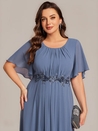 Commercial Short Sleeve Ruffle A-Line Midi Dress with Floral Appliques Evening Dresses