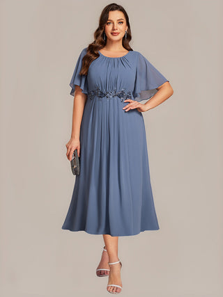 Plus Size Short Sleeve Ruffle A-Line Midi Dress with Floral Appliques Evening Dresses