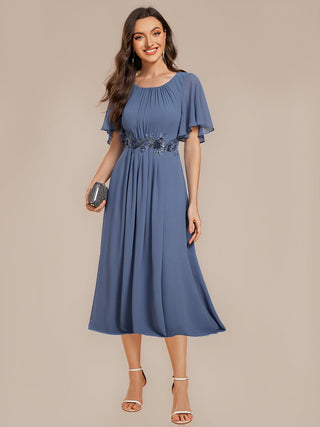 Commercial Short Sleeve Ruffle A-Line Midi Dress with Floral Appliques Evening Dresses