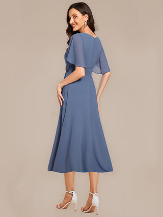 Commercial Short Sleeve Ruffle A-Line Midi Dress with Floral Appliques Evening Dresses