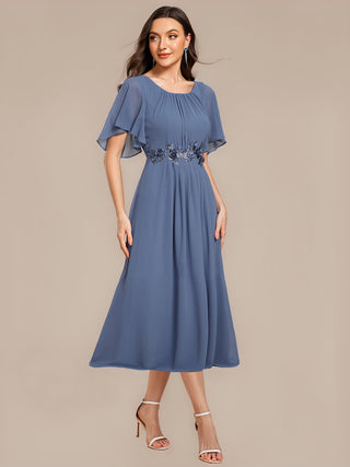 Commercial Short Sleeve Ruffle A-Line Midi Dress with Floral Appliques Evening Dresses