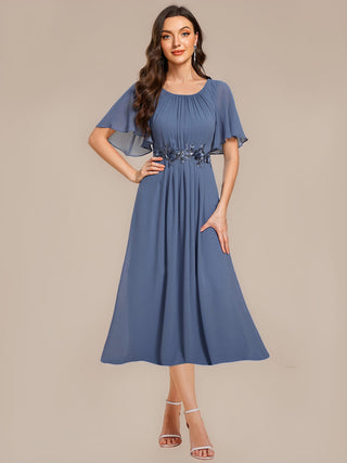 Commercial Short Sleeve Ruffle A-Line Midi Dress with Floral Appliques Evening Dresses