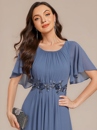 Commercial Short Sleeve Ruffle A-Line Midi Dress with Floral Appliques Evening Dresses