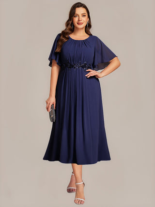 Commercial Short Sleeve Ruffle A-Line Midi Dress with Floral Appliques Evening Dresses