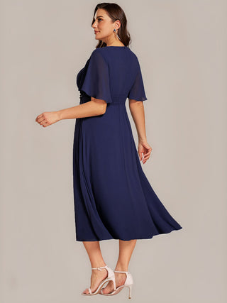 Commercial Short Sleeve Ruffle A-Line Midi Dress with Floral Appliques Evening Dresses